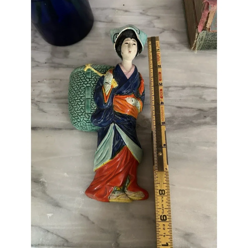Antique 1922 HandPainted Porcelain Japanese Geisha Wall Pocket Planter Inscribed